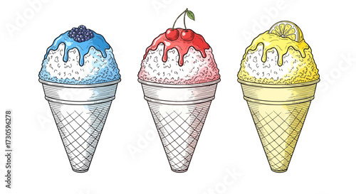 Colorful shaved ice desserts collection with assorted fruit toppings in cone cups illustration