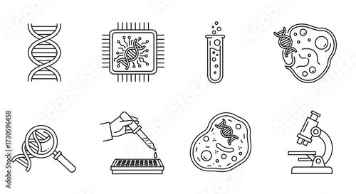 Detailed Black and White Science Icons Depicting DNA, Cells, and Lab Equipment.