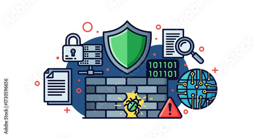 Digital Firewall Security Shield Protecting Network Data from Cyber Threats.