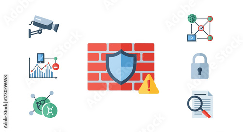 Digital Firewall Icon with Blue Shield and Yellow Warning Triangle.