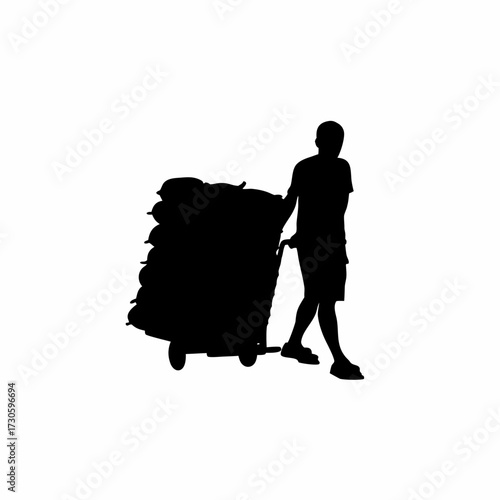 Silhouette of a worker pushing a trolley full of rice sacks isolated on white background