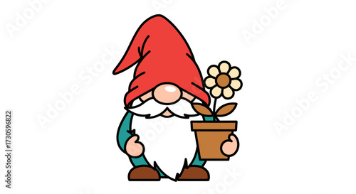 Delightful cartoon gnome cheerfully tending a blooming flower in decorative pot