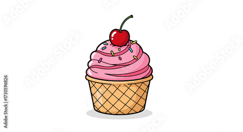 Delightful cartoon cupcake with swirls of pink frosting and a vibrant cherry adorning the top