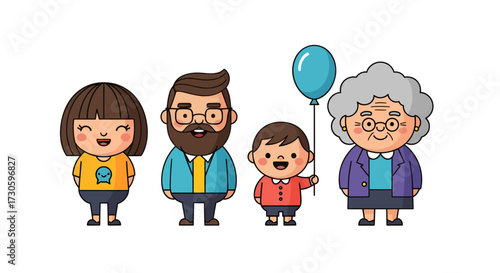 Delightful cartoon illustration featuring a multi generational family smiling on a white backdrop