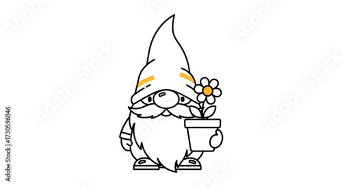 Delightful gnome illustration with a pointed hat holding a flowerpot for garden decor projects