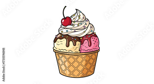 Delightful multi-flavored ice cream cone with cherry and sprinkles on a white background