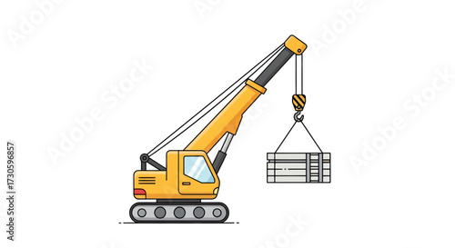 Detailed cartoon illustration showing a yellow mobile crane lifting a metallic load with precision