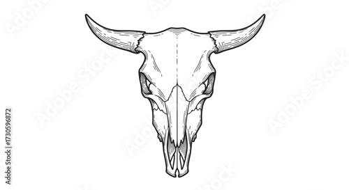 Detailed line art illustration of a bull skull with impressive horns, evoking wild west and