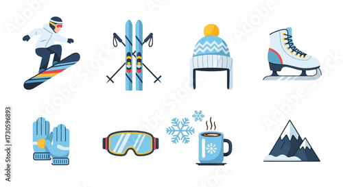 Dynamic Snowboarder in Action with Winter Sports Equipment Collection.
