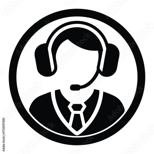 Black and white icon of a person wearing a headset and tie microphone