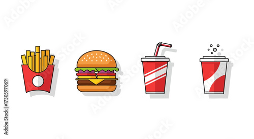 Fast Food Set - Burger, Fries, and Soda Cups with Straws and Bubbles.