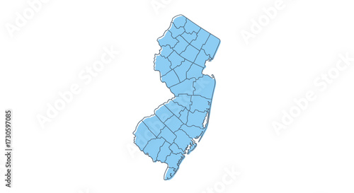 Detailed vector map of New Jersey state with county borders on clean white background for