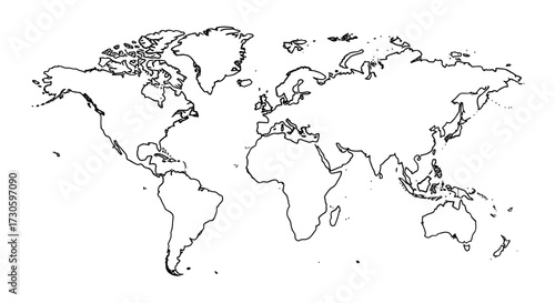 Detailed world map outline showcasing continents and geographical shapes beautifully drawn
