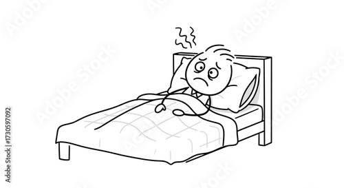 Distressed stick figure character experiencing discomfort while lying awake in bed at night