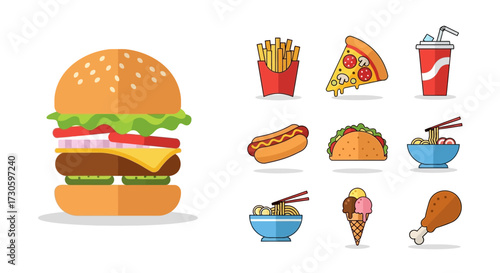 Flat Design Collection of Various Fast Foods.