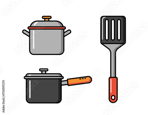 Flat design cooking utensils - grey stockpot, black saucepan, and a red-handled slotted spatula.