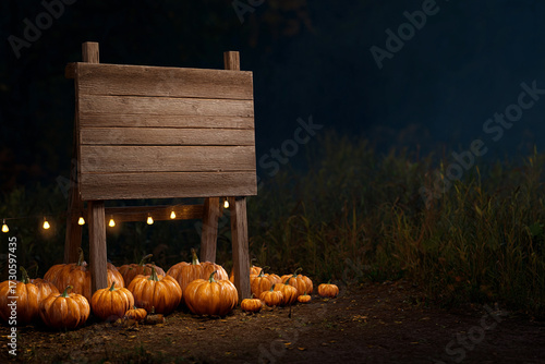 Spooky Halloween Night with Wooden Sign and Glowing Pumpkins