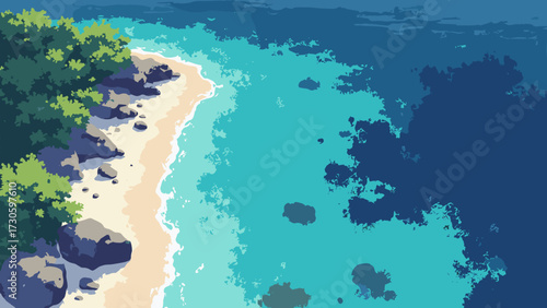 Coral-fringed lagoon with brilliant turquoise shallows and deep navy channels, no people