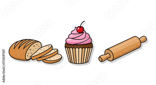 Freshly Baked Bread, Sweet Cupcake, and Wooden Rolling Pin.