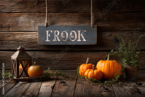 Spooky Halloween Night with Wooden Sign and Glowing Pumpkins
