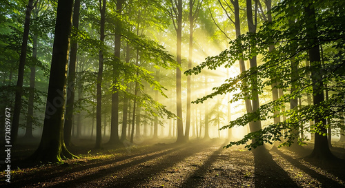 Sun-Kissed Forest: Capturing the serene beauty of sunlight piercing through a lush forest canopy, casting ethereal shadows and evoking a sense of tranquility and wonder. 