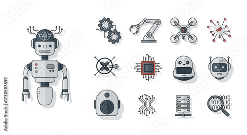 Friendly white and gray cartoon robot with circuit board antennae and chest display.