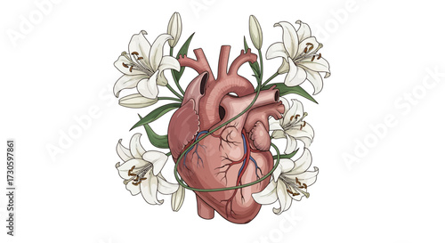 Human Heart Illustration with White Lilies, Symbolizing Fragility and Vitality Anatomical