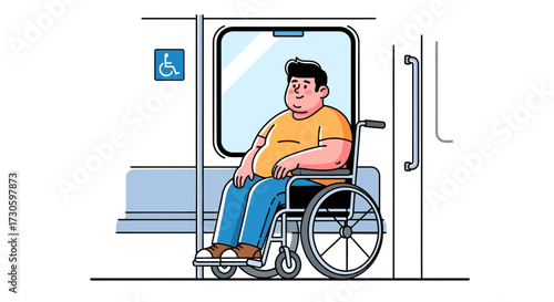 Illustration depicting a man in a wheelchair inside a train designed for accessibility transit