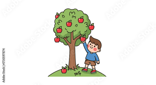 Illustration of a boy picking apples from an apple tree in a garden cheerful day