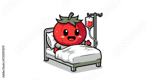 Illustration of a cheerful cartoon tomato getting medical treatment in a hospital bed