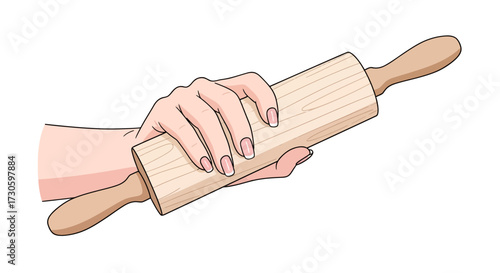 Illustration of a hand holding a wooden rolling pin for baking and cooking tasks