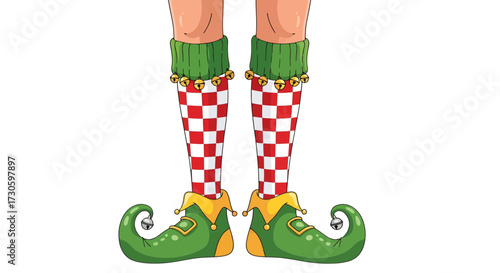 Illustration of festive elf legs with checkered socks and green jester shoes with bells
