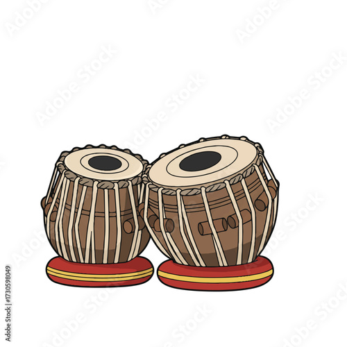 A vibrant flat 2D vector illustration showcases a traditional Indian tabla instrument, featuring its detailed drums and leather straps, isolated on a clean white background.
