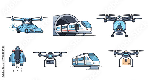 Futuristic transportation concepts including flying cars, drones, and high-speed trains.