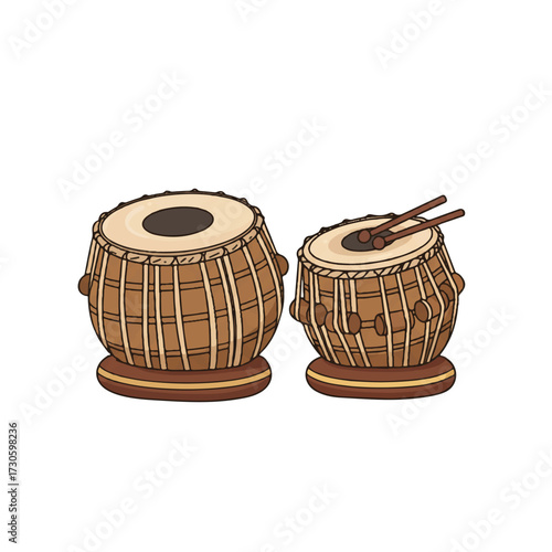 A flat 2D vector illustration features a traditional Indian tabla drum set, meticulously rendered with clean lines against a pristine plain white background, perfect for music and culture themes.