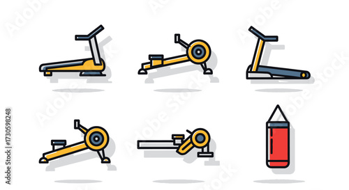 Gym Equipment Icons - Treadmills, Rowing Machines, Punching Bag, Flat Design.