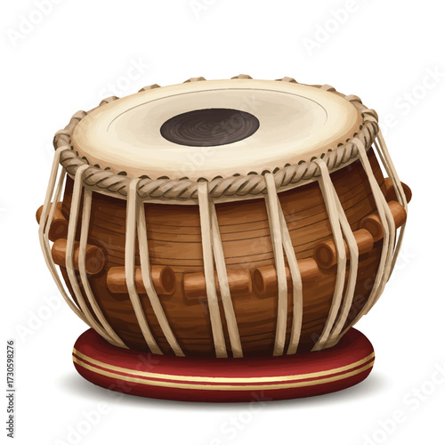 A realistic 2D vector illustration showcases a traditional Indian tabla instrument, highlighting its intricate details and cultural significance on a clean, plain white background.