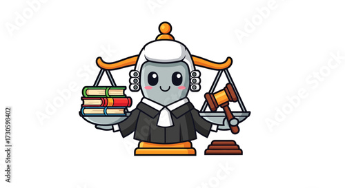 Justice depicted through a kawaii cartoon judge balancing books and a gavel on scales