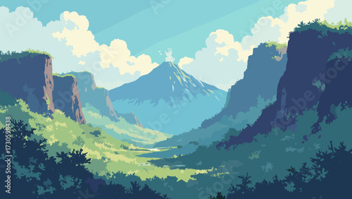 Lush volcanic valley with steaming vents and mossy cliffs, no people