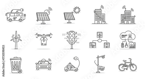 Hand-drawn icons depicting smart city elements - electric car, solar panel, wind turbine, drone, and bicycle.