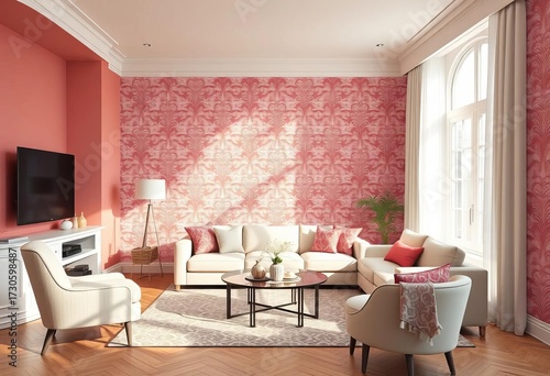 Elegant damask wallpaper mockup in a sunlit living room,  office,  decoration