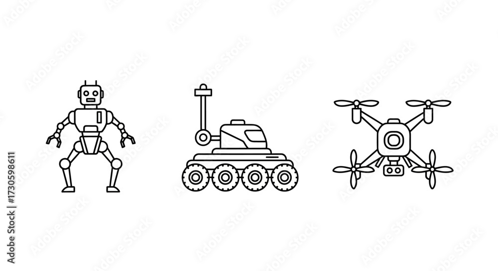 Naklejka premium Hand-drawn set of technology icons - a humanoid robot, a wheeled rover, and a quadcopter drone with a stippled line art style.