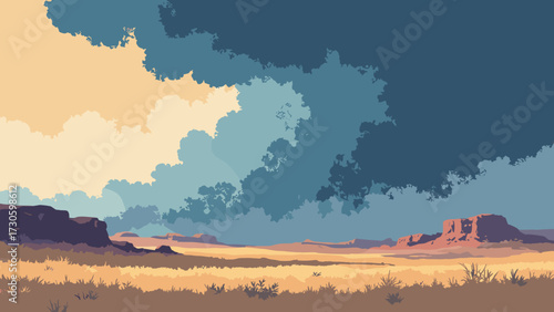 Dramatic storm over rolling prairie with scattered sandstone buttes, no people