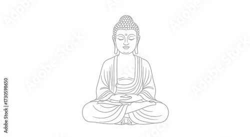 Minimalist serene line art drawing of meditating Buddha on a clean white backdrop
