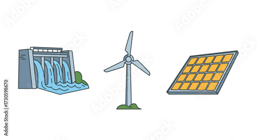 Hydroelectric Dam, Wind Turbine, and Solar Panel Illustrations Representing Clean Energy Sources.