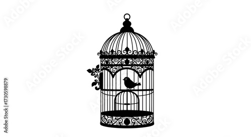 Ornate birdcage silhouette with floral embellishments and a solitary bird inside its cage