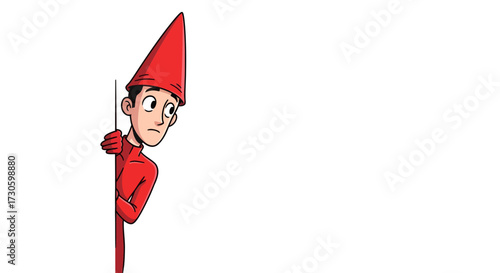 Mysterious Cartoon Character with Red Outfit and Pointed Hat Hiding Behind Wall