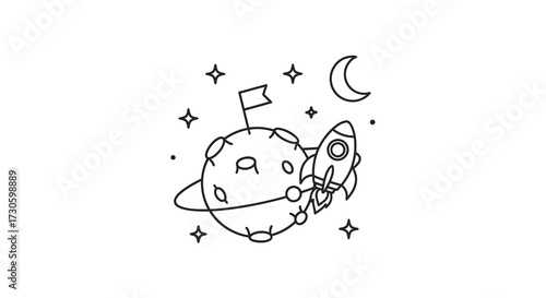 Outlined drawing showing rocket exploring planet with flag, stars and crescent moon