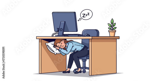 Overworked businesswoman exhausted catching naps under desk during work hours