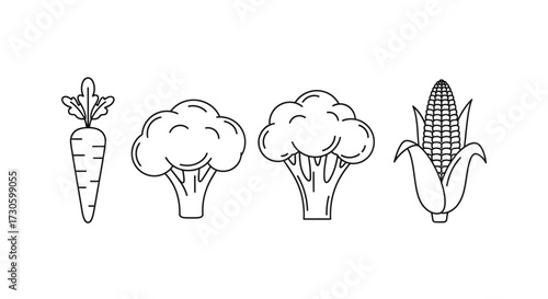 Line Art - Carrot, Broccoli, and Corn Outline Illustration.
